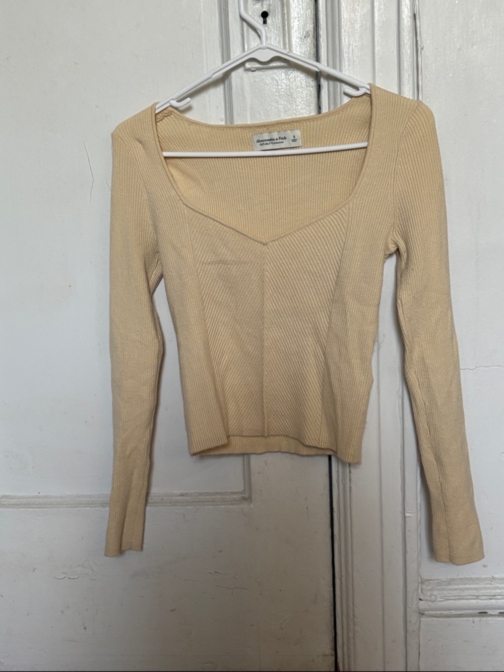 Abercrombie & Fitch Ribbed Scoop Neck Top in Light Beige